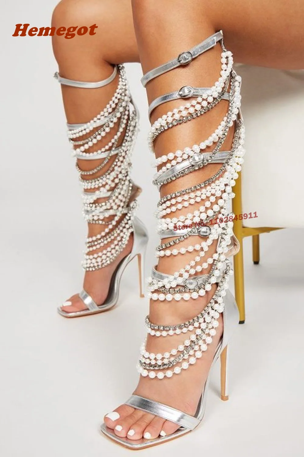 Women Shoes Zipper - Sandali con catena in metallo perlato
